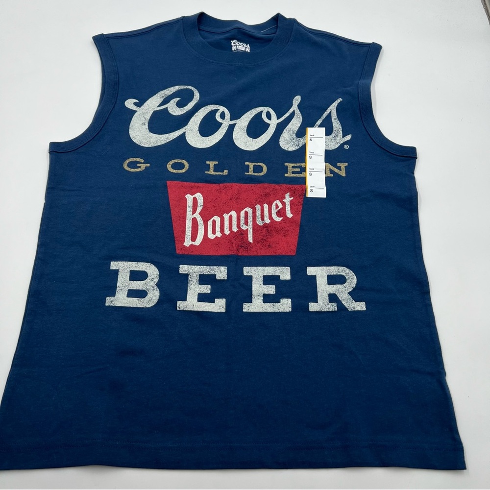 Men's Coors beer oversized sleeveless shirt. Size small. Blue gold red white.New